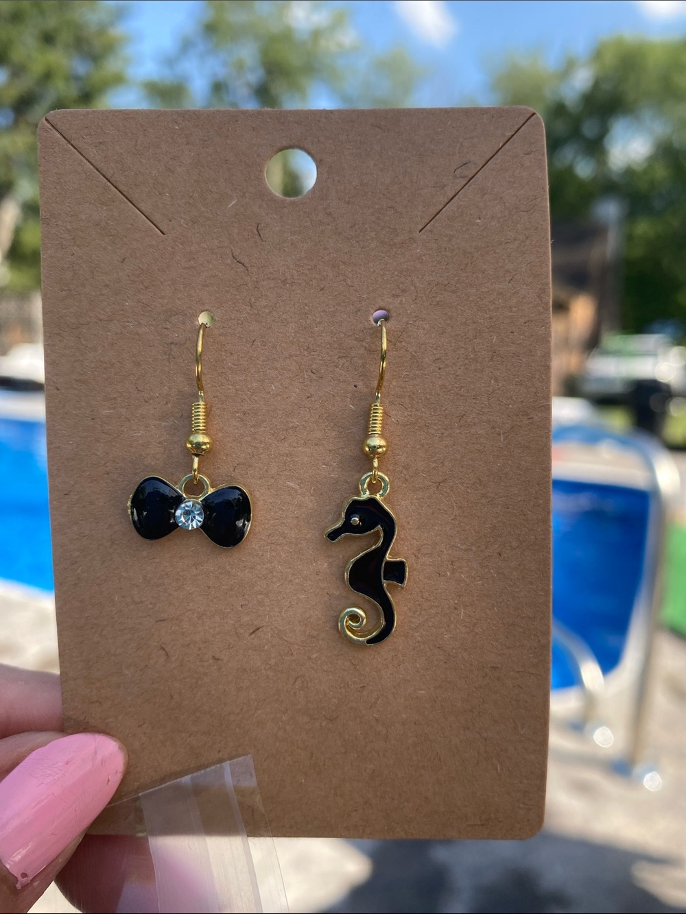 Gold-Trim Black Seahorse & Bow Kids Earrings